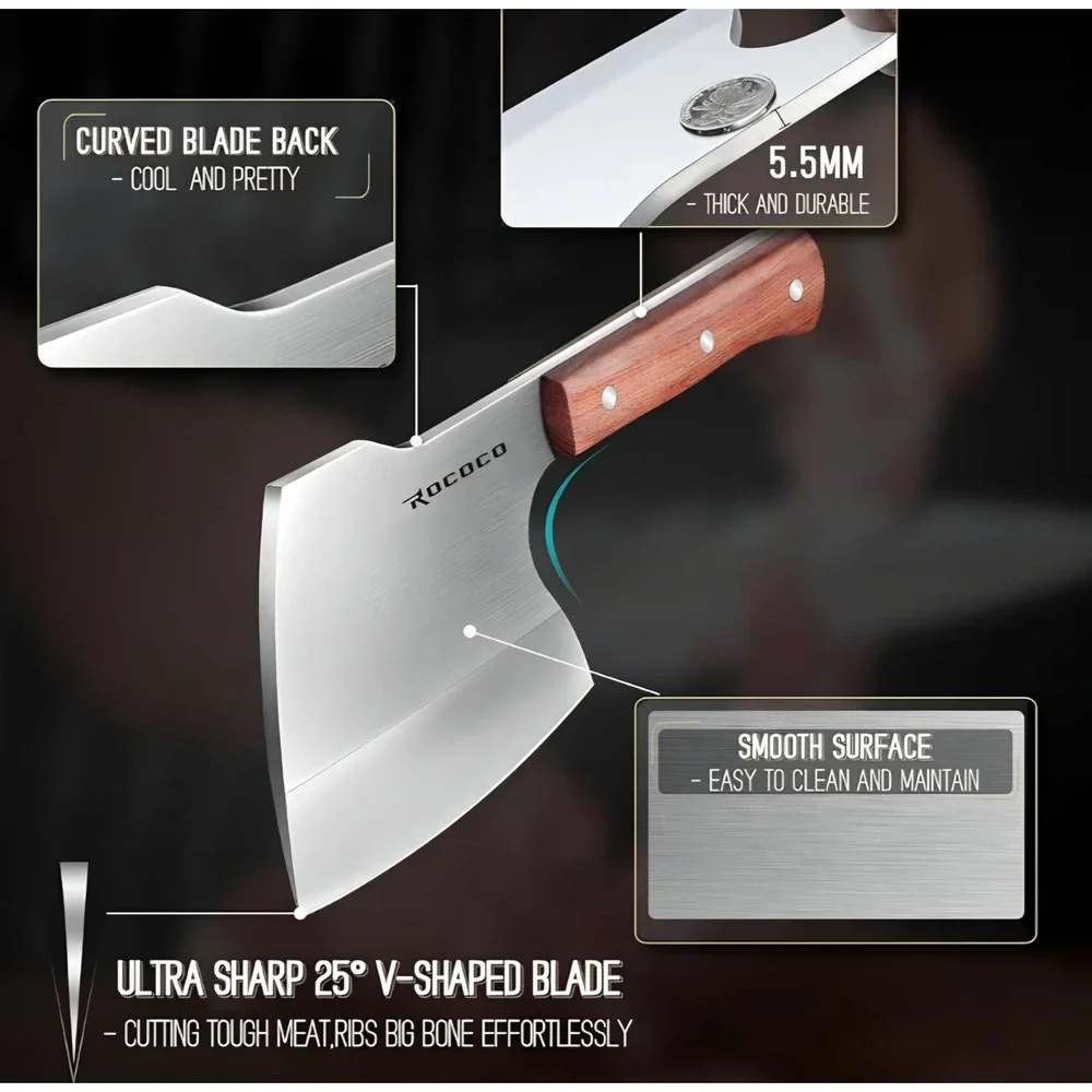 Rococo Stainless Steel Bone Cleaver Heavy Duty Meat‎ Chopper Wood Handle Knife